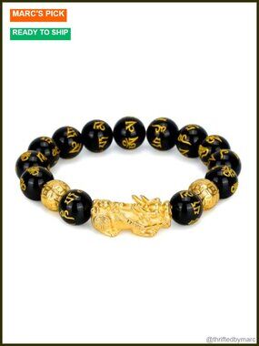 Feng Shui Pixiu Bracelet Black Obsidian Wealth Charm Adjustable